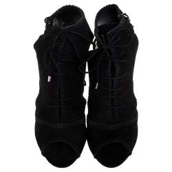 Alexandre Birman Black Suede Abbe Peep Toe Lace Booties Size 37