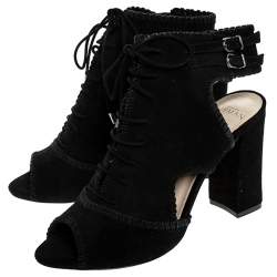 Alexandre Birman Black Suede Abbe Peep Toe Lace Booties Size 37