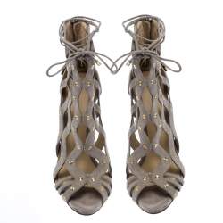 Alexandre Birman Grey Suede Leather Loreta Cage Ankle Wrap Sandals Size 39.5