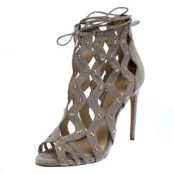 Alexandre Birman Grey Suede Leather Loreta Cage Ankle Wrap Sandals Size 39.5