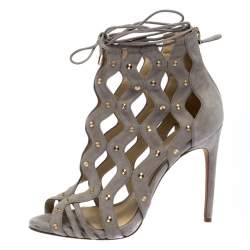 Alexandre Birman Grey Suede Leather Loreta Cage Ankle Wrap Sandals Size 39.5