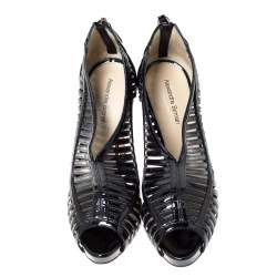 Alexandre Birman Black Patent Leather Cage Platform Peep Toe Booties Size 36