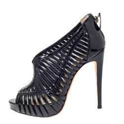 Alexandre Birman Black Patent Leather Cage Platform Peep Toe Booties Size 36