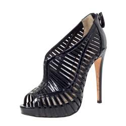 Alexandre Birman Black Patent Leather Cage Platform Peep Toe Booties Size 36
