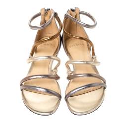Pre Owned Alexandre Birman Metallic Silver/Gold Gianny Strappy Flat Metallic Leather Sandals 36