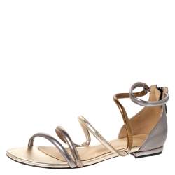 Pre Owned Alexandre Birman Metallic Silver/Gold Gianny Strappy Flat Metallic Leather Sandals 36