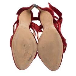 Alexandre Birman Red Velvet Gianna Three Bow Ankle Wrap Sandals Size 38