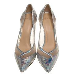 Alexandre Birman Metallic Silver Python And Mesh Pointed Toe Pumps Size 41