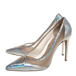 Alexandre Birman Metallic Silver Python And Mesh Pointed Toe Pumps Size 41