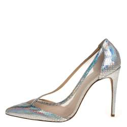 Alexandre Birman Metallic Silver Python And Mesh Pointed Toe Pumps Size 41