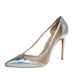 Alexandre Birman Metallic Silver Python And Mesh Pointed Toe Pumps Size 41