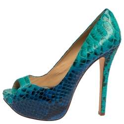 Alexandre Birman Two Tone Blue Python Peep Toe Platform Pumps Size 40.5