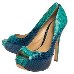 Alexandre Birman Two Tone Blue Python Peep Toe Platform Pumps Size 40.5