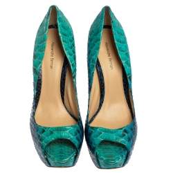 Alexandre Birman Two Tone Blue Python Peep Toe Platform Pumps Size 40.5