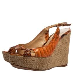 Alexandre Birman Orange Python Leather Wedge Slingback Sandals Size 39.5
