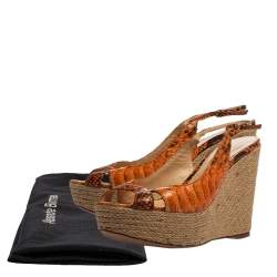 Alexandre Birman Orange Python Leather Wedge Slingback Sandals Size 39.5