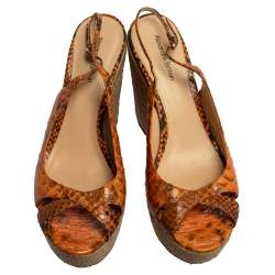 Alexandre Birman Orange Python Leather Wedge Slingback Sandals Size 39.5