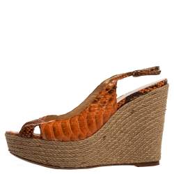 Alexandre Birman Orange Python Leather Wedge Slingback Sandals Size 39.5