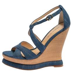 Alexandre Birman Blue Denim Fabric Wedge Sandals Size 37.5