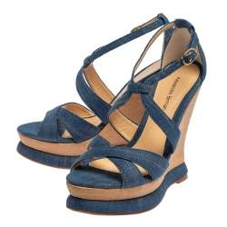 Alexandre Birman Blue Denim Fabric Wedge Sandals Size 37.5