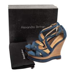 Alexandre Birman Blue Denim Fabric Wedge Sandals Size 37.5