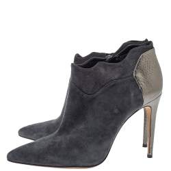 Pre Owned Alexander Birman Grey Suede And Python Embossed Leather Pointed Toe Ankle Booties Size 39