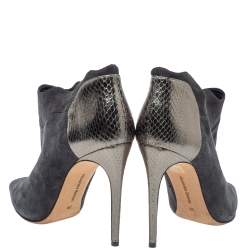 Pre Owned Alexander Birman Grey Suede And Python Embossed Leather Pointed Toe Ankle Booties Size 39