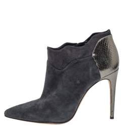 Pre Owned Alexander Birman Grey Suede And Python Embossed Leather Pointed Toe Ankle Booties Size 39