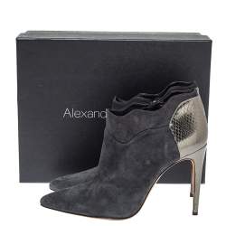 Pre Owned Alexander Birman Grey Suede And Python Embossed Leather Pointed Toe Ankle Booties Size 39