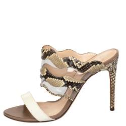 Alexandre Birman Beige/Brown Patent Leather And Python Open Toe Slide Sandals Size 39