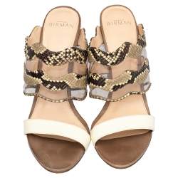 Alexandre Birman Beige/Brown Patent Leather And Python Open Toe Slide Sandals Size 39