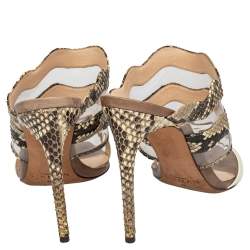 Alexandre Birman Beige/Brown Patent Leather And Python Open Toe Slide Sandals Size 39