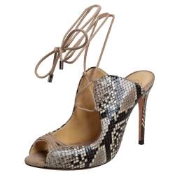 Alexandre Birman Black/Beige Python Leather Ankle Wrap Sandals Size 36.5