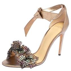 Alexandre Birman Metallic Gold Mesh and Leather Clarita Embellished Ankle Tie Sandals Size 40.5