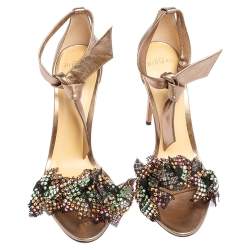 Alexandre Birman Metallic Gold Mesh and Leather Clarita Embellished Ankle Tie Sandals Size 40.5