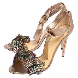 Alexandre Birman Metallic Gold Mesh and Leather Clarita Embellished Ankle Tie Sandals Size 40.5