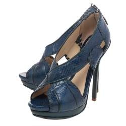 Alexandre Birman Blue/Green Python And Leather Peep Toe Platform Pumps Size 38
