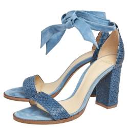 Alexandre Birman Blue Suede, Python Embossed Leather Ankle Wrap  Sandals Size 37.5