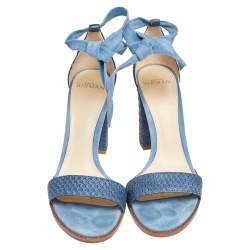 Alexandre Birman Blue Suede, Python Embossed Leather Ankle Wrap  Sandals Size 37.5