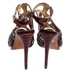 Alexandre Birman Burgundy Python Leather And Leather Caged Zipper Sandals Size 39.5