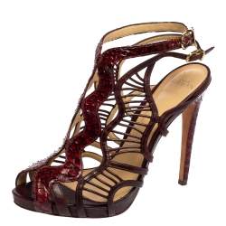 Alexandre Birman Burgundy Python Leather And Leather Caged Zipper Sandals Size 39.5