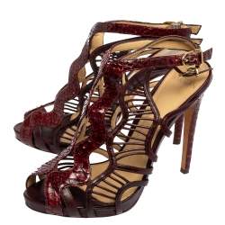 Alexandre Birman Burgundy Python Leather And Leather Caged Zipper Sandals Size 39.5