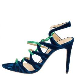 Pre Owned Alexandre Birman Green-Blue Velvet And Snakeskin Nolita Buccata Strappy Sandals Size 41