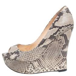 Alexandre Birman Beige Python Leather Peep Toe Wedge Pumps  Size 38.5