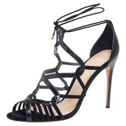 Alexandre Birman Black Python and Suede Strappy Sandals Size 39.5 