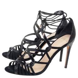 Alexandre Birman Black Python and Suede Strappy Sandals Size 39.5 