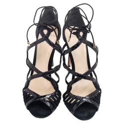 Alexandre Birman Black Python and Suede Strappy Sandals Size 39.5 