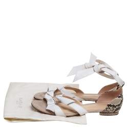 Alexandre Birman White/Brown Python and Knotted Leather Ankle-Wrap Flat Sandals Size 40
