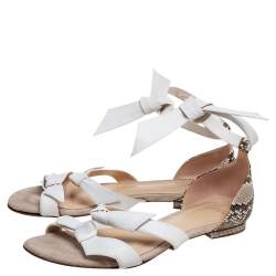 Alexandre Birman White/Brown Python and Knotted Leather Ankle-Wrap Flat Sandals Size 40