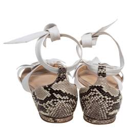 Alexandre Birman White/Brown Python and Knotted Leather Ankle-Wrap Flat Sandals Size 40